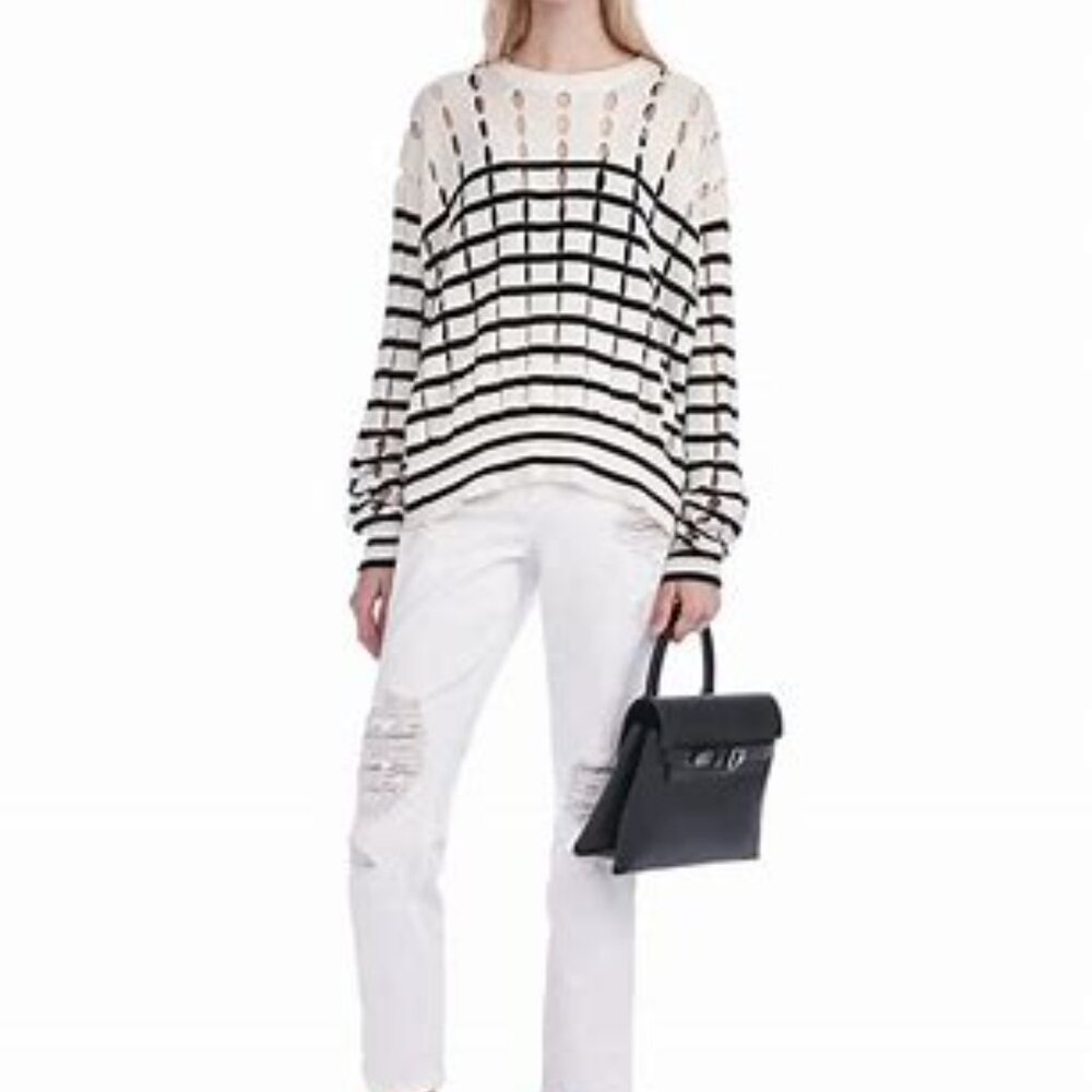 Alexander Wang Striped Slit Crewneck Pullover Sweater, White/Black Size S